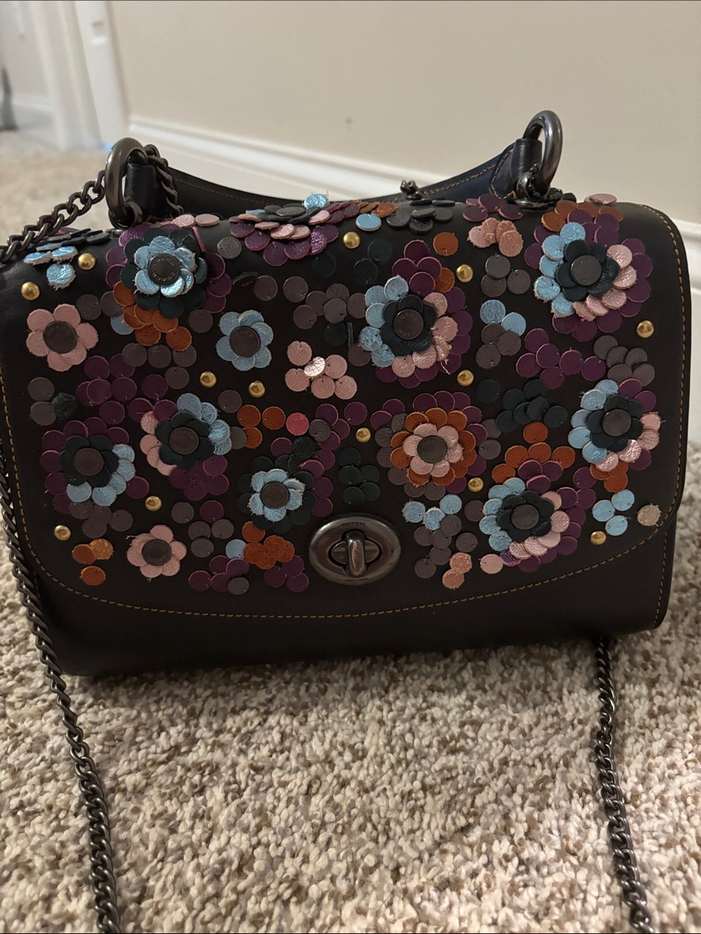 Coach Black Leather Floral Appliqué Crossbody with Multicolor Flowers
